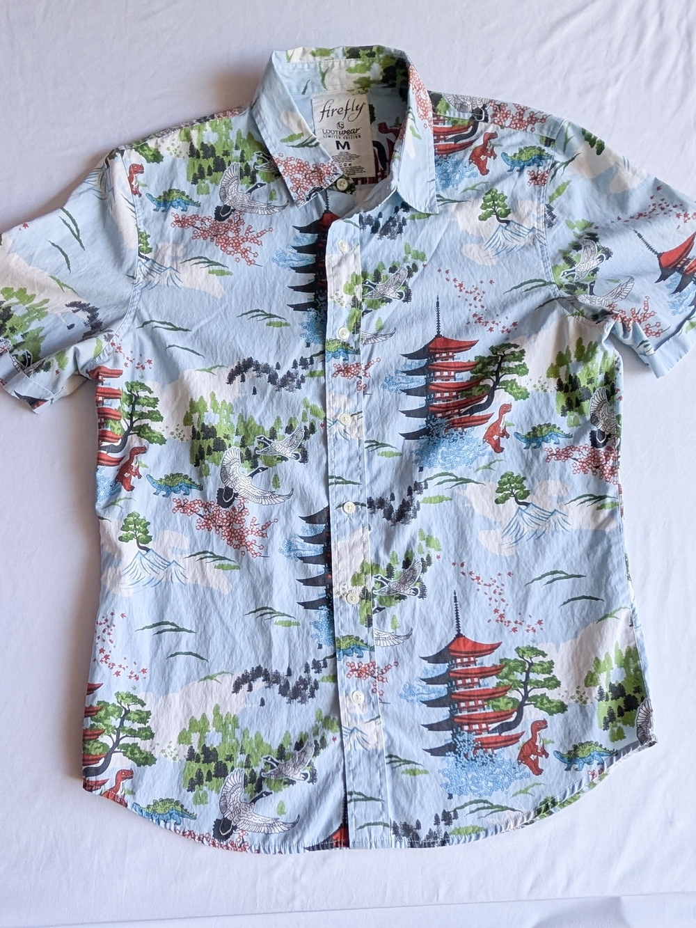 Firefly Lootwear limited edition Mens M Blue Dino Japanese Print Button-Up Shirt